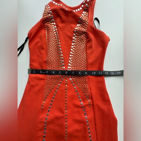 BEBE addiction, Orange Coloured Studded Mini Dress Scoop Neck open back. Size S - Picture 4 of 7